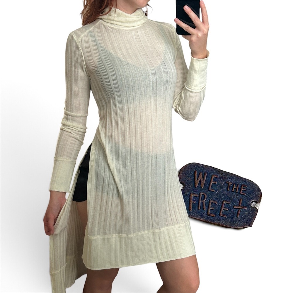 We The Free Free People Ivory Ribbed Turtleneck Tunic High Slit Top Large